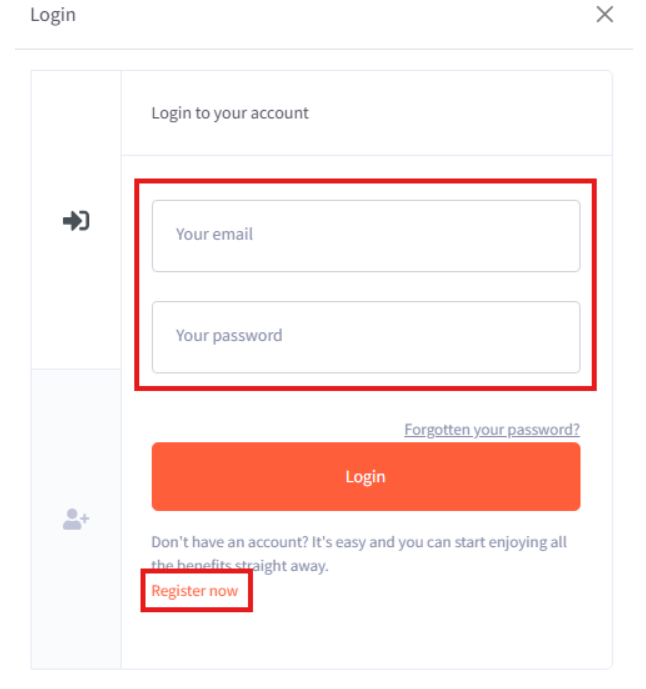 The SKALD login pop-up with the email and password fields highlighted, and the Register now link highlighted below