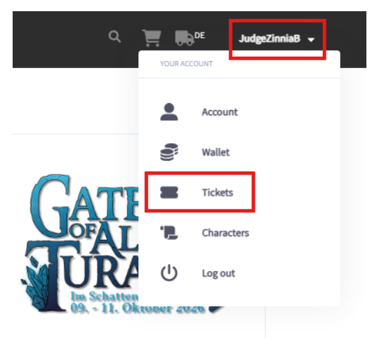 The SKALD account drop-down menu open, with the Tickets entry highlighted