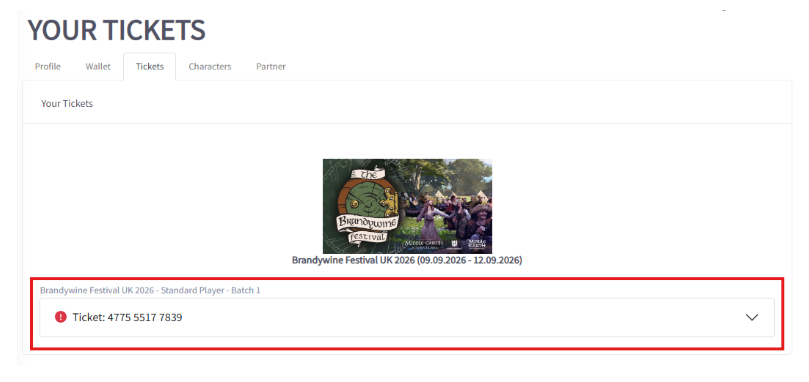 The Your Tickets page on SKALD showing a Brandywine Festival UK 2026 ticket row with its expand arrow highlighted