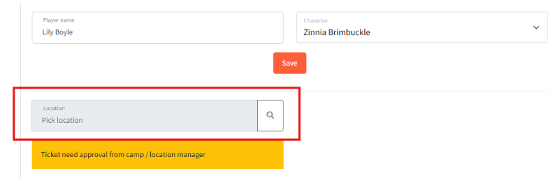 The ticket detail view on SKALD showing Player name and Character fields above a highlighted Pick location field