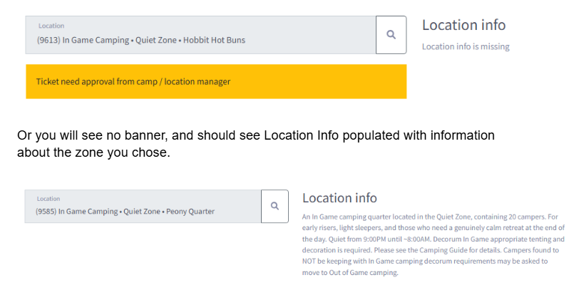 Two SKALD ticket views compared: one showing a yellow banner reading Ticket need approval from camp / location manager, and one showing Location info populated with a description of the Peony Quarter